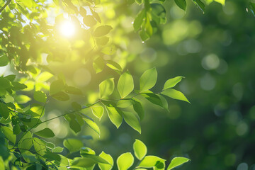 Wall Mural - Sunlight filtering through lush green leaves in a serene forest setting during midday