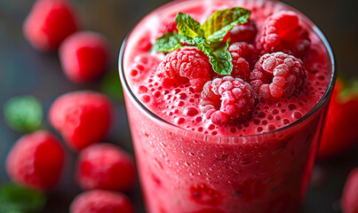 Fruity Smoothie with Raspberries, Strawberries - Healthy Refreshing Natural Drink, Glass, Fresh Fruit Ingredients