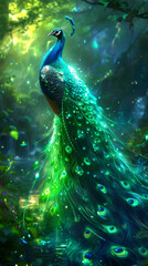 Wall Mural - Elegant peacock in a sequined gown, wearing a crown of emeralds