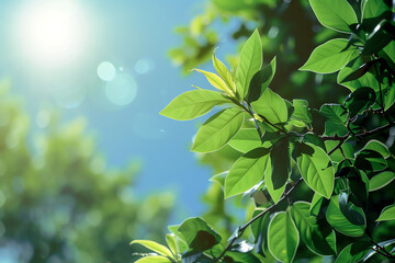 Wall Mural - Sunlight filtering through vibrant green leaves on a clear day in a lush garden