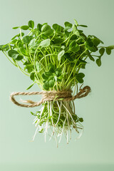 Wall Mural - Fresh Microgreens Bouquet with Twine on Pastel Green Background