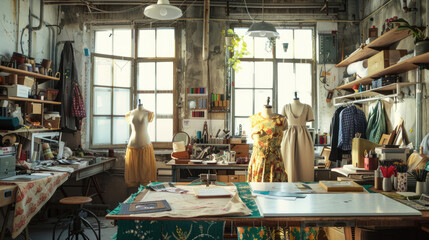 Wall Mural - Interior of Designer Studio with Fabrics and Mannequins