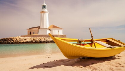 Wall Mural - Travel Beach Concept, yellow boat in front of a lighthouse