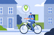 Delivery service, shipping, logistic concept. Courier driver wearing helmet holding delivery bag and riding bicycle to customer house door. Vector illustration.