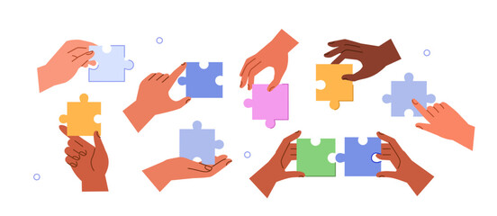 Poster - hand gestures set. diverse characters hands holding, assembling, connecting jigsaw puzzle pieces. te