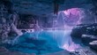 Subterranean lake in a cavern, the stones lit with a mystical purple luminescence contrasting the cool blues of the water.