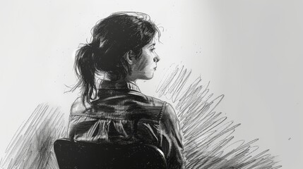 A beautiful pencil drawing of a young woman in profile with long hair tied in a ponytail.