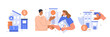 Merger and acquisition set. Stakeholders deal, agreement, offer, company selling and expansion finance concept. Business people making handshake. Vector illustration.