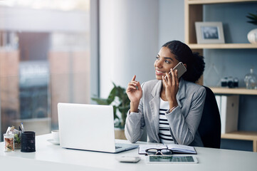 Aufkleber - Phone call, desk and business black woman in office for talking, networking and discussion. Corporate worker, professional and person on smartphone and laptop for planning, contact or communication