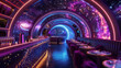 Aboard a neonilluminated spaceship passengers enjoy a futuristic dinner as the cosmos drifts by each dish glowing under vivid lights in this extraordinary travel experience. Generative ai.