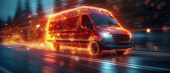 Wall Mural - White modern delivery small shipment cargo courier van engulfed in flames moving fast on motorway