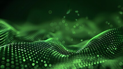 Abstract green particle background. Flow wave with dot landscape. Digital data structure. Future mesh or sound grid. Pattern point visualization. Technology vector illustration.