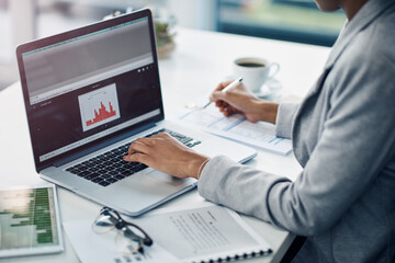 Poster - Office, stats and hands of woman at laptop for research, business analysis or online profit report at agency. Budget, planning and consultant at desk with computer, graph or financial risk management