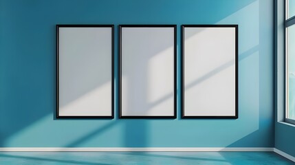 Three empty vertical black frame mockup design on a blue wall room, 3d render of grey interior with canvas on the wall 