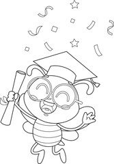 Wall Mural - Outlined Graduate School Bee Cartoon Character Holding Certificate. Vector Hand Drawn Illustration Isolated On Transparent Background