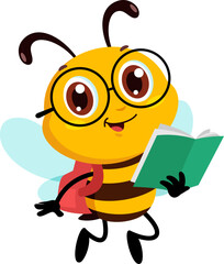 Wall Mural - Cute School Bee Cartoon Character Flying With Backpack And Notebook. Vector Illustration Flat Design Isolated On Transparent Background