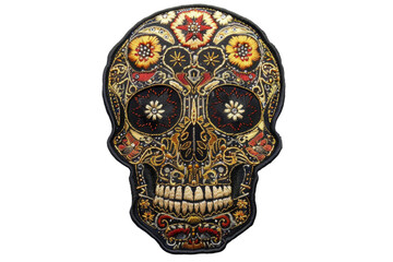 embroidered skull patch with ornate floral patterns and gold accents isolated on transparent backgro