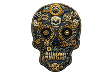 steampunk skull with gear motifs embroidered patch isolated on transparent background. gothic and al