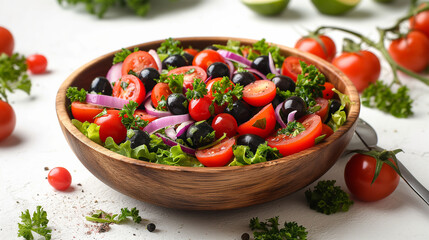 Fresh green organic mixed lettuce with tomatoes, ingredients for salad.