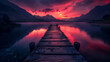 Stunning sunset at tranquil mountain lake with wooden pier