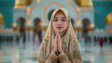 Wall Mural - muslim lady wearing hijab in front mosque ramadan theme