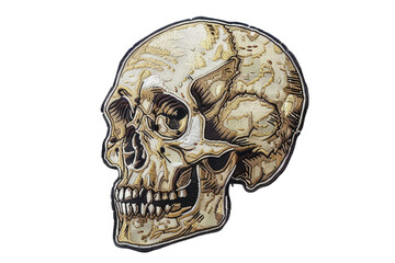 gold-tone skull embroidered patch isolated on transparent background. gothic and macabre fashion con