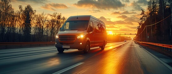 white modern delivery small shipment cargo courier van moving fast on motorway road to city