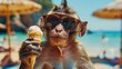 A monkey with sunglasses is relaxing on a beach eating an ice cream cone. Summertime
