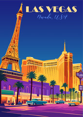 A colorful poster of Las Vegas, Nevada. The poster features the iconic Eiffel Tower and the Las Vegas Strip. The poster is designed to evoke a sense of excitement and adventure . Vector illustration.