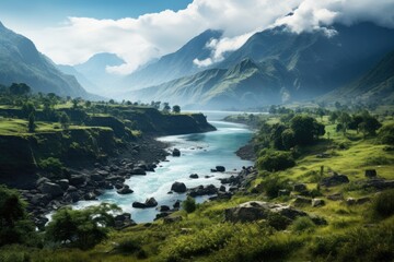 Canvas Print - Papua New Guinea landscape. River and lush green valley with mountains on background. Generative ai. Green grass. Blue sky with white clouds.