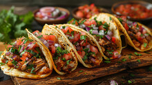 Four Mexican Street Food Tacos  On Top Of Serving Wooden Board