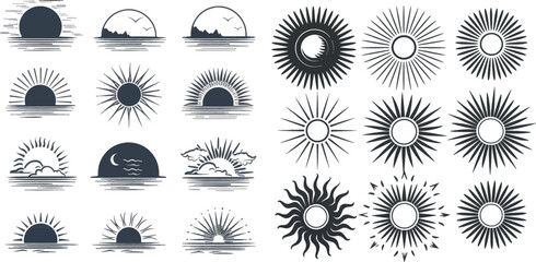 Poster - Line and silhouettes sun icons collection. Illustration of sun set