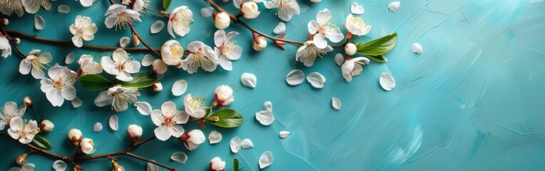 Canvas Print - Spring Blossom Frame on Turquoise Background - Top View Nature Background for Springtime Concept