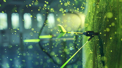 Wall Mural - Archery range with vibrant green particles swirling against a blurred backdrop, evoking the precision and focus required for the sport.