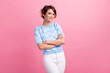 © deagreez - Portrait of lovely satisfied young lady crossed arms posing empty space ad isolated on pink color background