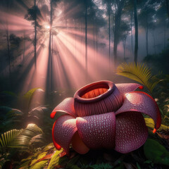 Wall Mural - Generative AI The Beauty of Rafflesia Arnoldii Flowers, beautiful Rafflesia Arnold flowers in the middle of a beautiful forest, rare beautiful flowers in the middle of the forest, rare flowers