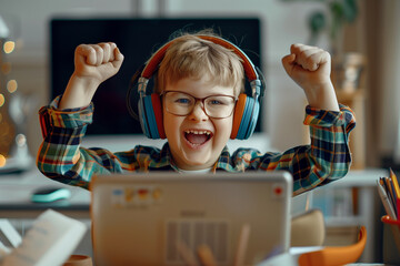 A child wearing glasses and headphones is celebrating victory on a laptop