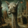 Surreal fantasy: cute llama with sweet eyes portrait against dark medieval landscape