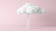 A conceptual image showcasing a white fluffy cloud supported by a ladder against a soft pink background. This image stimulates fantasy and creative thinking.