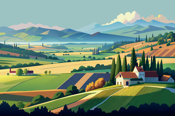 Wall Mural - A beautiful countryside scene with a house in the distance