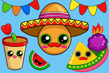 Kawaii Cinco de Mayo Fiesta: Colección de Vectores de Comida Linda