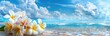 Beautiful beach view with bunch of flowers on the sand. The flowers are yellow and white.