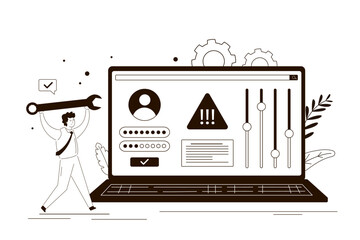 Male user changes the laptop settings, strengthens security of operating system. Repairman with wrench updating software or repairing system.