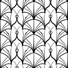 Wall Mural - A geometric pattern seamless tile, vector, leaves, black lines and white background