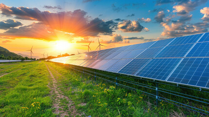 park of solar batteries, renewable green energy concept
