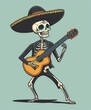 An elegant skeleton wearing a black sombrero and playing a guitar. Cinco de Mayo