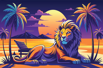 Wall Mural - A lion is laying on the beach next to a bench