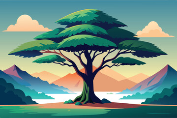 Wall Mural - A large tree stands in a lush green field with mountains in the background