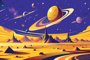 Wall Mural - a space scene with a yellow planet in the center and a purple background