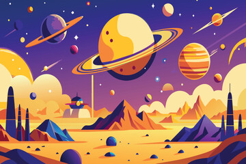 Wall Mural - a colorful space scene with a yellow planet in the middle